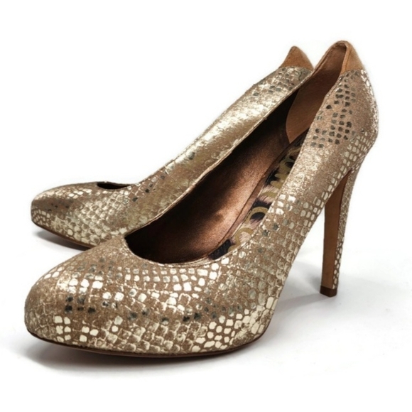 Sam Edelman Yasmine Shimmer Gold & Silver Snake Print Leather Platform Pumps - Picture 1 of 11